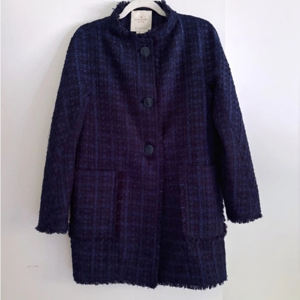 kate spade navy tweed pea coat with fringe trim